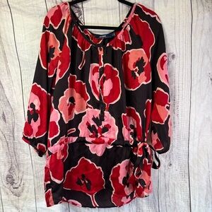 Eloquii floral Red and Pink Tie Front Tunic with 3/4 Sleeves 16W